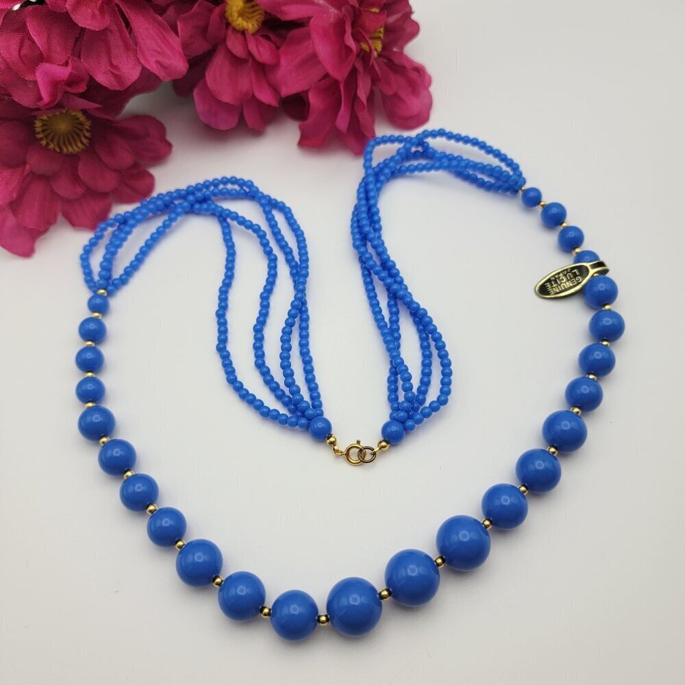 Vintage Genuine Lucite Triple Strand Bead Necklace 30 Inch Blue Graduated Japan
